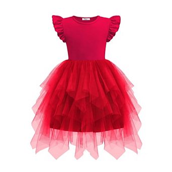 Arshiner Little Girls Ruffle Sleeve Irregular Tulle Tutu Princess Birthday Party Dress