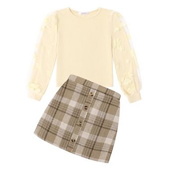 Arshiner Girls Fall Outfits Casual Winter Skirt Sets Mesh Sleeve Shirts And Warm Corduroy Short