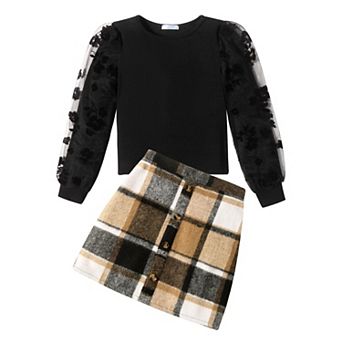Arshiner Girls Fall Outfits Casual Winter Skirt Sets Mesh Sleeve Shirts And Warm Corduroy Short