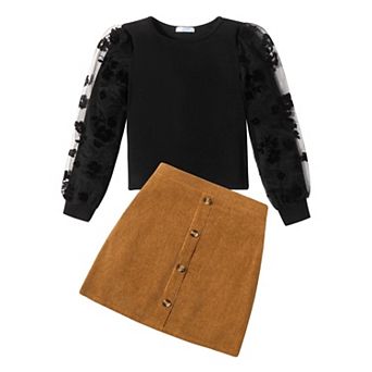 Arshiner Girls Fall Outfits Casual Winter Skirt Sets Mesh Sleeve Shirts And Warm Corduroy Short