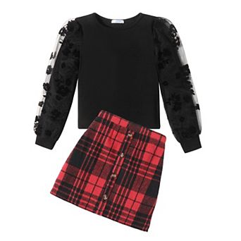 Arshiner Girls Fall Outfits Casual Winter Skirt Sets Mesh Sleeve Shirts And Warm Corduroy Short