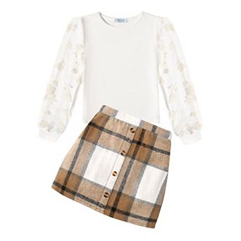 Arshiner Girls Fall Outfits Casual Winter Skirt Sets Mesh Sleeve Shirts And Warm Corduroy Short