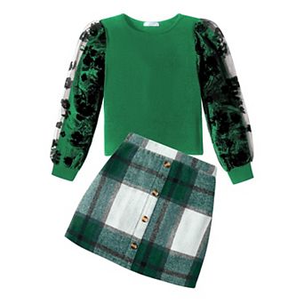 Arshiner Girls Fall Outfits Casual Winter Skirt Sets Mesh Sleeve Shirts And Warm Corduroy Short