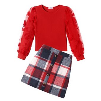 Arshiner Girls Fall Outfits Casual Winter Skirt Sets Mesh Sleeve Shirts And Warm Corduroy Short