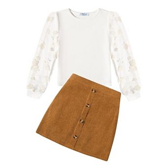 Arshiner Girls Fall Outfits Casual Winter Skirt Sets Mesh Sleeve Shirts And Warm Corduroy Short