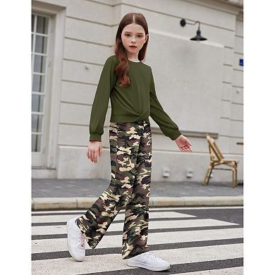 Arshiner Girls Twist Front Sweatshirt Wide Leg Pants 2-Piece Tracksuit Set