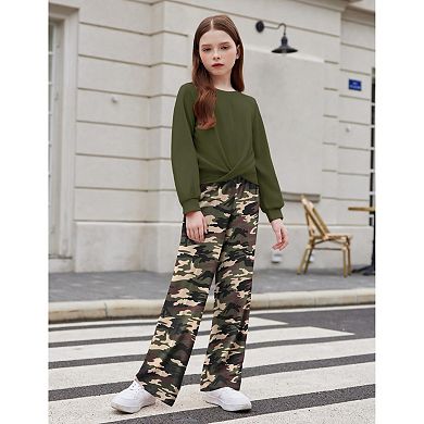 Arshiner Girls Twist Front Sweatshirt Wide Leg Pants 2-Piece Tracksuit Set