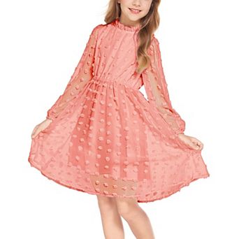 Arshiner Tween Girls Long Sleeve Fall Dresses Swiss Dot Casual Party Dress