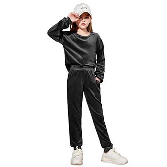 Arshiner Girls Soft Velour Crew Neck Long Sleeve 2 pc Tracksuit Jogger Outfit Set