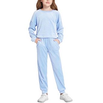 Arshiner Girls Soft Velour Crew Neck Long Sleeve 2 pc Tracksuit Jogger Outfit Set