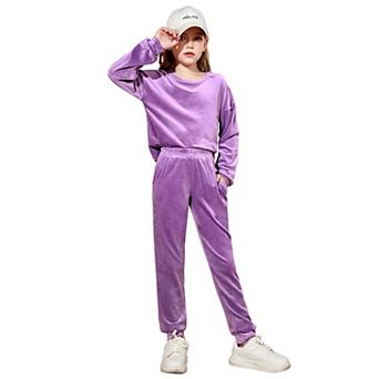Arshiner Girls Soft Velour Crew Neck Long Sleeve 2 pc Tracksuit Jogger Outfit Set