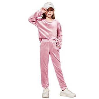 Arshiner Girls Soft Velour Crew Neck Long Sleeve 2 pc Tracksuit Jogger Outfit Set
