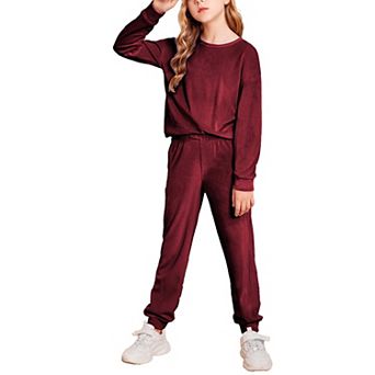 Arshiner Girls Soft Velour Crew Neck Long Sleeve 2 pc Tracksuit Jogger Outfit Set