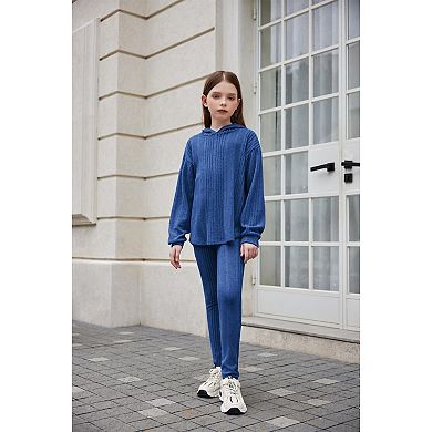 Arshiner Girls Rib Knit Hoodie 2-Piece Tracksuit Set