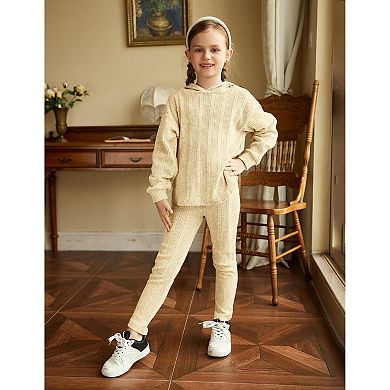Arshiner Girls Rib Knit Hoodie 2-Piece Tracksuit Set