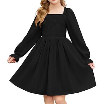Arshiner Girls Long Sleeve Smocked Skater Fall Winter Elegant Dress With Pockets