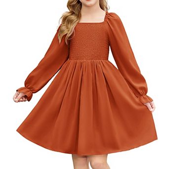 Arshiner Girls Long Sleeve Smocked Skater Fall Winter Elegant Dress With Pockets