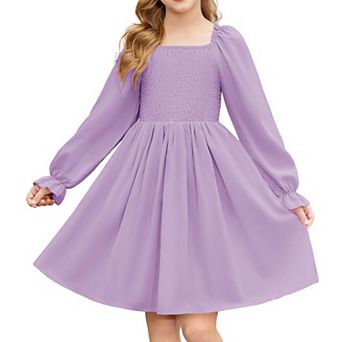 Arshiner Girls Long Sleeve Smocked Skater Fall Winter Elegant Dress With Pockets