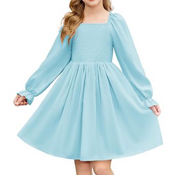 Arshiner Girls Long Sleeve Smocked Skater Fall Winter Elegant Dress With Pockets