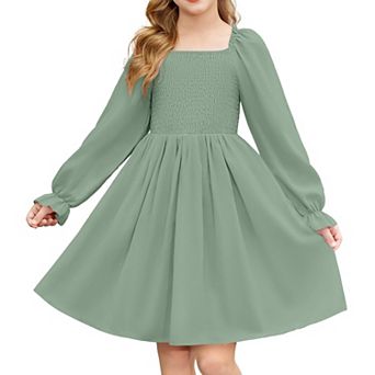 Arshiner Girls Long Sleeve Smocked Skater Fall Winter Elegant Dress With Pockets