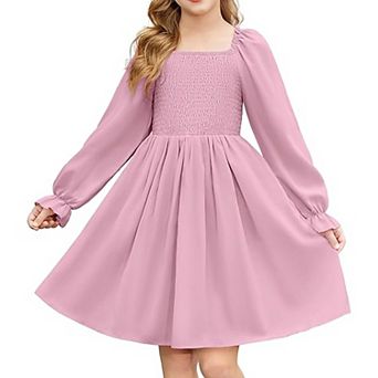 Arshiner Girls Long Sleeve Smocked Skater Fall Winter Elegant Dress With Pockets