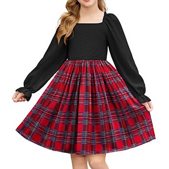 Arshiner Girls Long Sleeve Smocked Skater Fall Winter Elegant Dress With Pockets