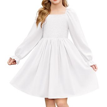 Arshiner Girls Long Sleeve Smocked Skater Fall Winter Elegant Dress With Pockets