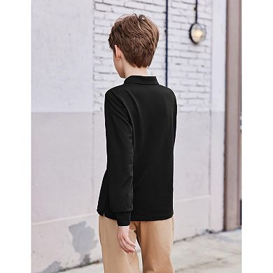 Arshiner Boys Long Sleeve Polo Shirt Performance School Uniform Pique Button Closure Shirt