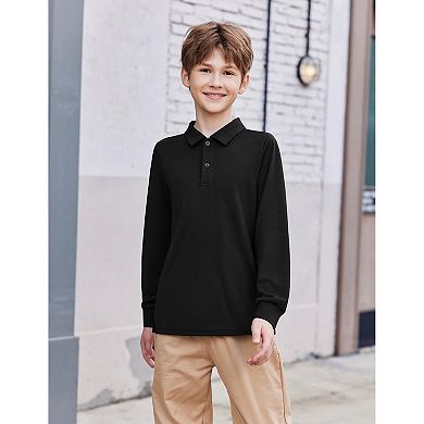 Arshiner Boys Long Sleeve Polo Shirt Performance School Uniform Pique Button Closure Shirt