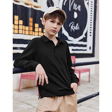 Arshiner Boys Long Sleeve Polo Shirt Performance School Uniform Pique Button Closure Shirt