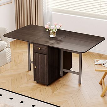 59''W Extendable Dining Table with Storage for Small Space, Drop Leaf Moveable Island for Kitchen