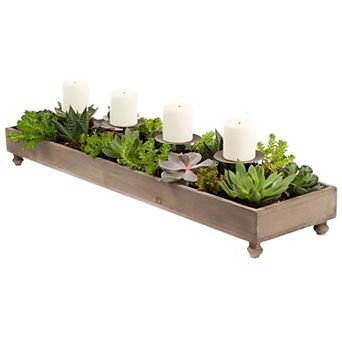 Wooden 4 Candle Holder Centerpiece with Long Trough for Table Decor Succulents Moss or Stones