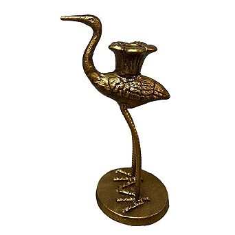 Crane Shape Metal Taper Candle Holder Antique Gold Finish Tabletop Shelf Mantel Decor