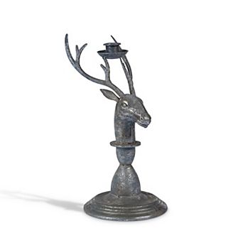 Iron Deer Pillar Candle Holder, Sculpted Animal Design for Mantel Shelf and Tabletop Decor