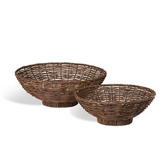 Set of 2 Rattan Style Decorative Bowls Dark Brown Wide Shape for Shelf and Console Styling