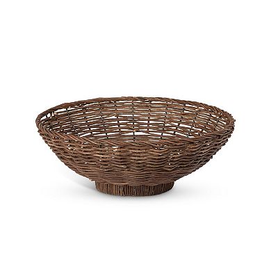 Set of 2 Rattan Style Decorative Bowls Dark Brown Wide Shape for Shelf and Console Styling