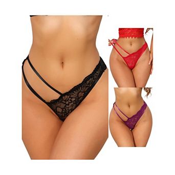 3 Packs Women's Floral Lace Low Waisted Briefs Side Hollow Out Mesh String Thongs Underwear