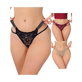 3 Packs Women's Low Waist Shiny Tangas Letter Prints Lace Underwear Thong