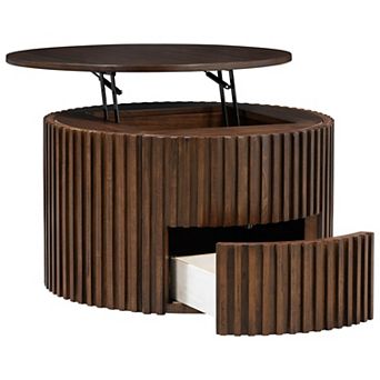 Merax Round Lift Top Coffee Table, Modern Fluted Wood Accent with Hidden Storage for Living Room
