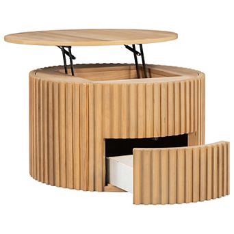Merax Round Lift Top Coffee Table, Modern Fluted Wood Accent with Hidden Storage for Living Room