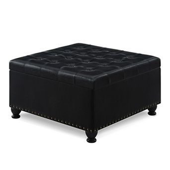 Merax Square Button-Tufted Storage Ottoman with Nail Trims & Spindle Wooden Legs