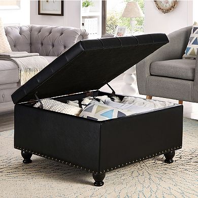 Merax Square Button-Tufted Storage Ottoman with Nail Trims & Spindle Wooden Legs