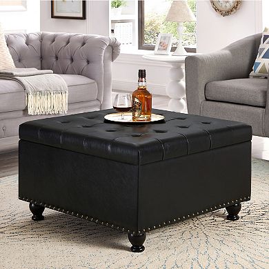 Merax Square Button-Tufted Storage Ottoman with Nail Trims & Spindle Wooden Legs