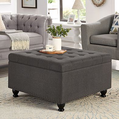 Merax Square Button-Tufted Storage Ottoman with Nail Trims & Spindle Wooden Legs