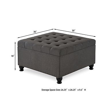 Merax Square Button-Tufted Storage Ottoman with Nail Trims & Spindle Wooden Legs