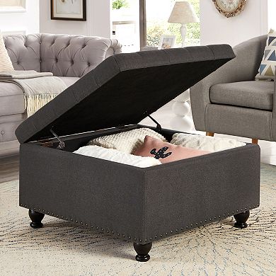 Merax Square Button-Tufted Storage Ottoman with Nail Trims & Spindle Wooden Legs
