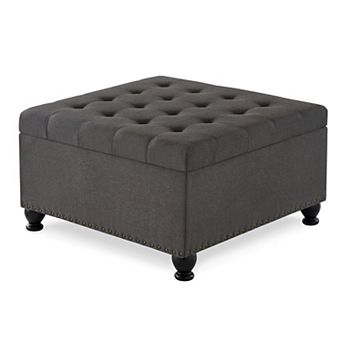 Merax Square Button-Tufted Storage Ottoman with Nail Trims & Spindle Wooden Legs