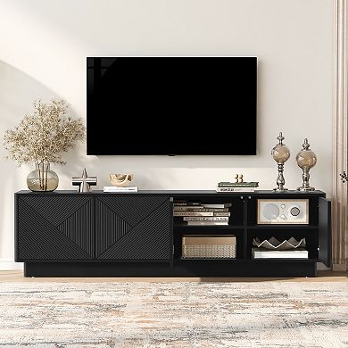 Merax Stylish 4-Door Wave Design Cabinet with Adjustable Shelves & LED Accent
