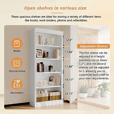 Merax 83.4" Tall Wood Bookcase with Light Strip, 5-Tier Adjustable Shelves Storage Organizer
