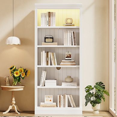 Merax 83.4" Tall Wood Bookcase with Light Strip, 5-Tier Adjustable Shelves Storage Organizer
